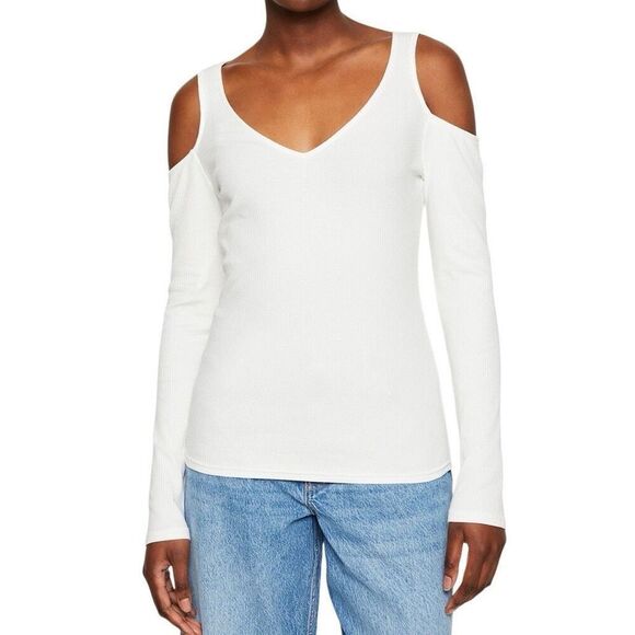 Gap XL Off White Long Sleeve Rib Knit Tee Cold Shoulder NWT Basic Layering - Picture 1 of 10